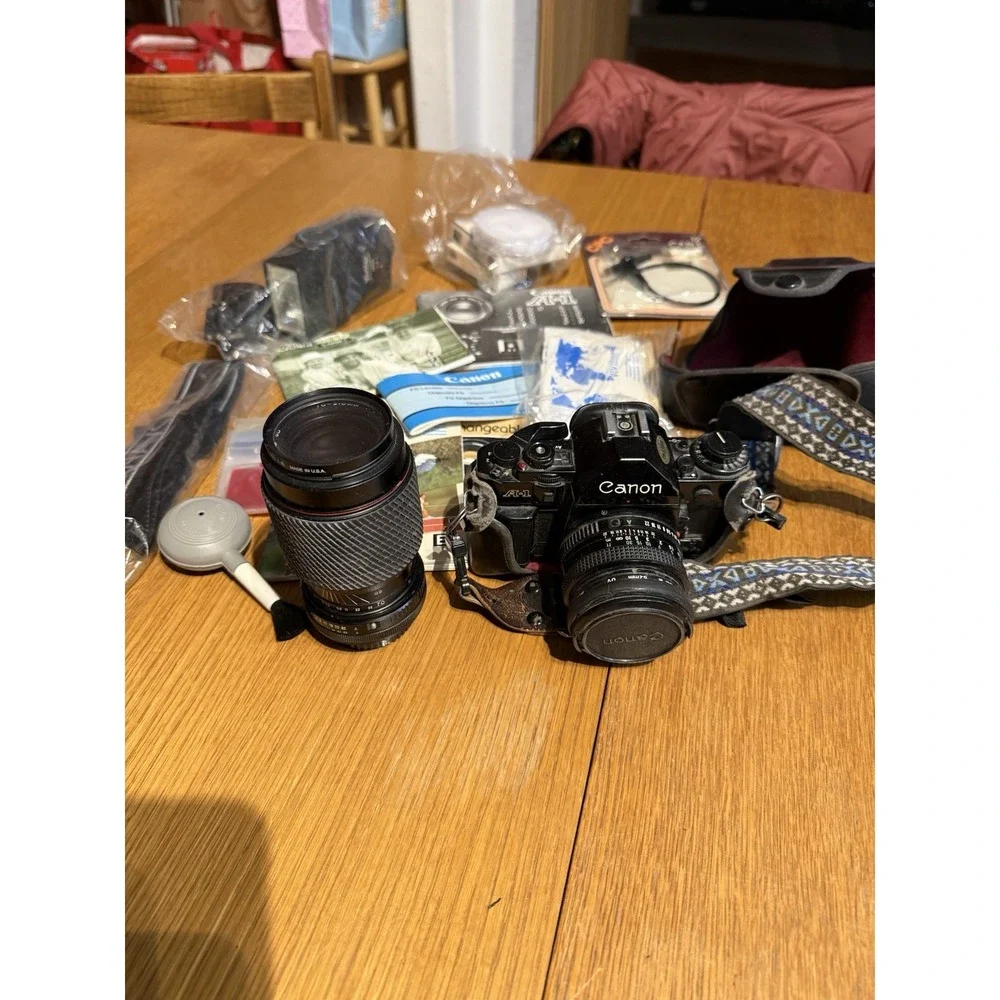 Canon A-1 35mm Film Camera‎ Kit Tested Working FD 70-210mm Lens Flash As-Is